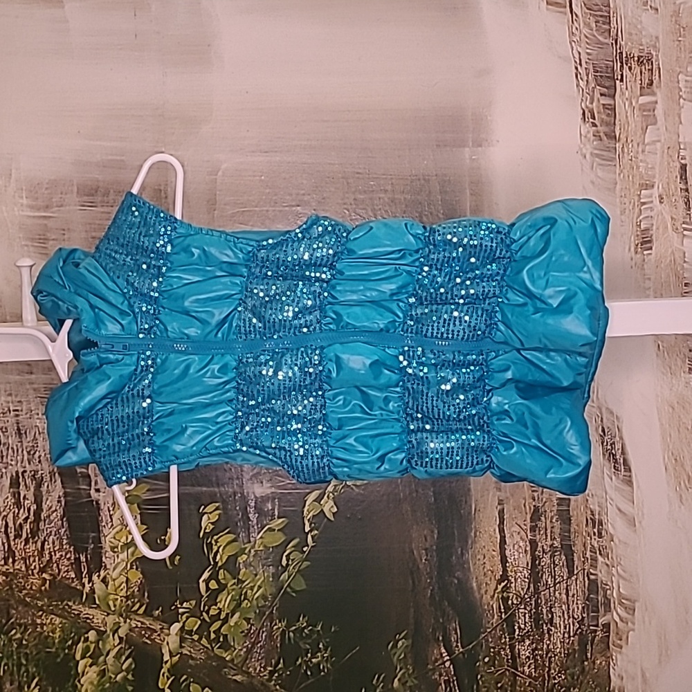 Heart Soul Girls Large Teal Puffy Super Sparkly sequin vest zip up hoodie